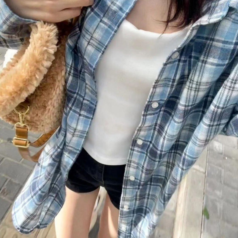 Fashionable Blue Plaid Shirt For Women