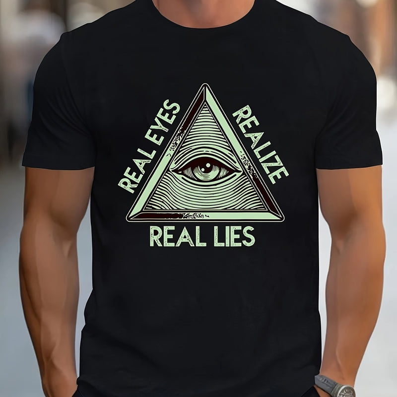 Men's Eye And Triangle Pattern And Letter Print REALEYES REALZE REALLIES T-shirt, Round Neck And Short Sleeved T-shirt, Summer Casual Wear Casual Fashion Top