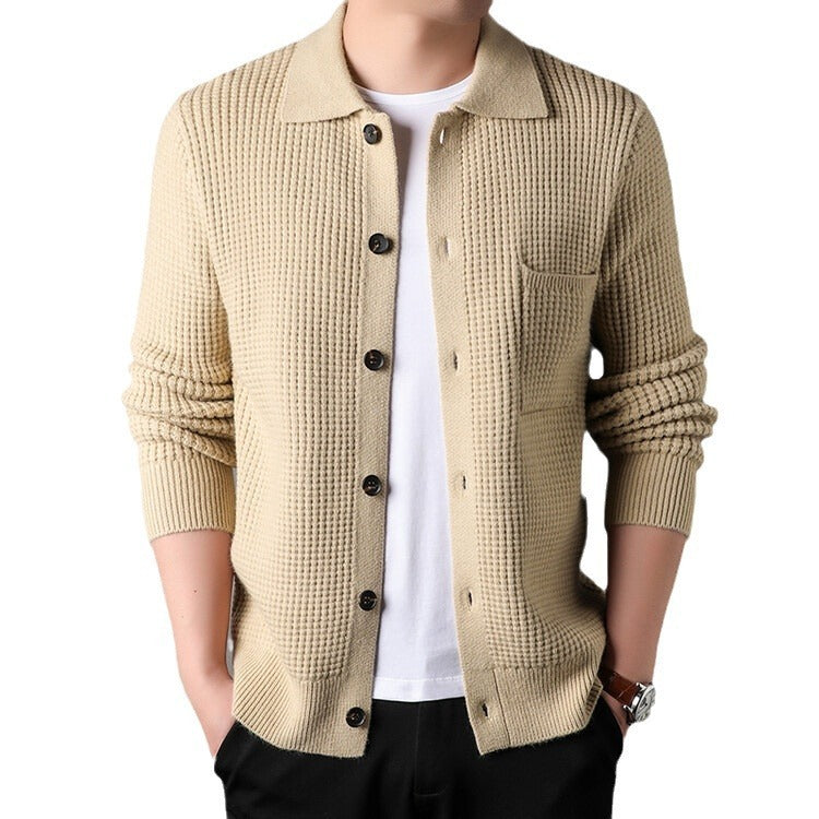 Twist Jacquard Lapel Sweater Cardigan Men's Outer Wear Autumn And Winter Trends Fashion Slim Knit Top Coat