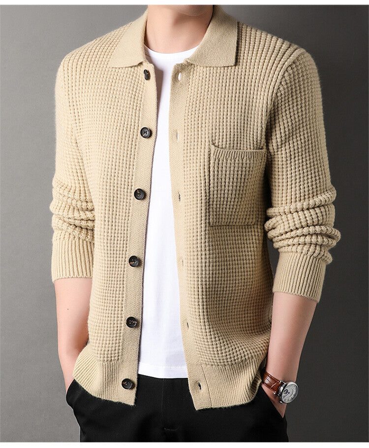 Twist Jacquard Lapel Sweater Cardigan Men's Outer Wear Autumn And Winter Trends Fashion Slim Knit Top Coat