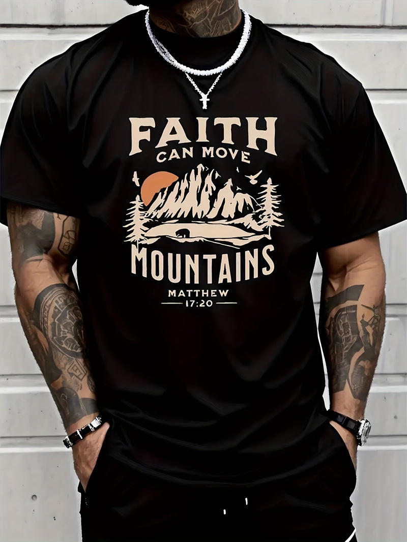 FAITH CAN MOVE MOUNDAINS Men's Round Neck Short Sleeved T-shirt With Letter Print, Casual Summer T-shirt, Suitable For Daily Wear And Vacation Destinations