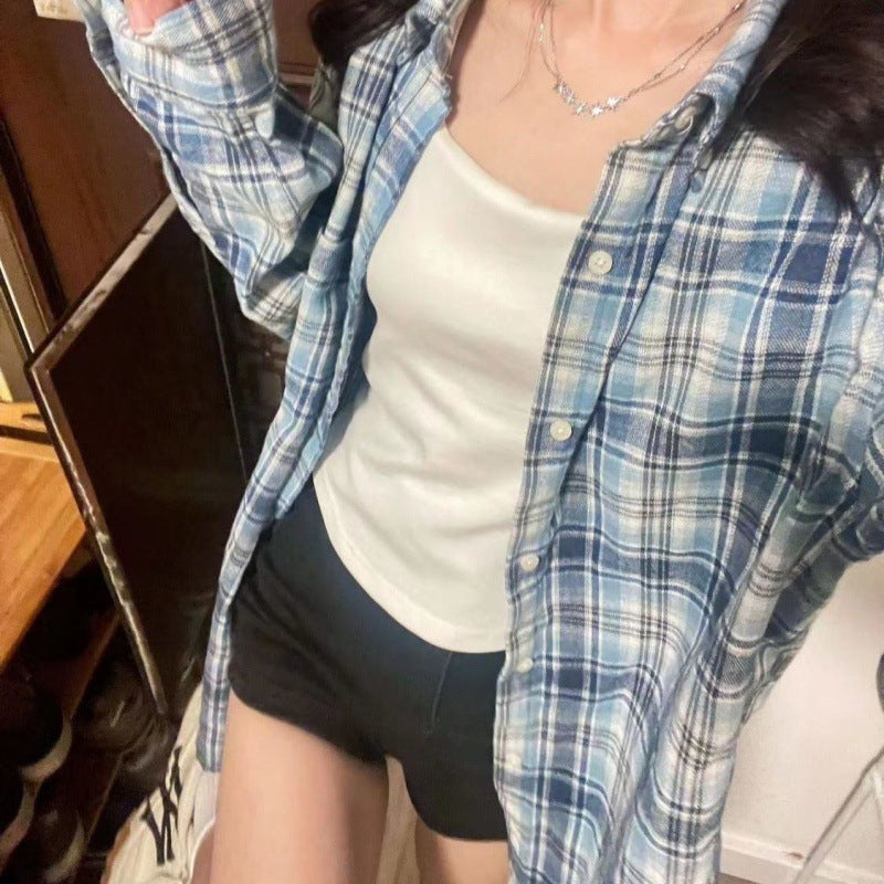 Fashionable Blue Plaid Shirt For Women