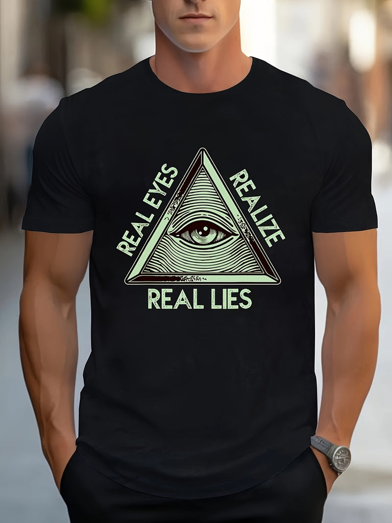 Men's Eye And Triangle Pattern And Letter Print REALEYES REALZE REALLIES T-shirt, Round Neck And Short Sleeved T-shirt, Summer Casual Wear Casual Fashion Top