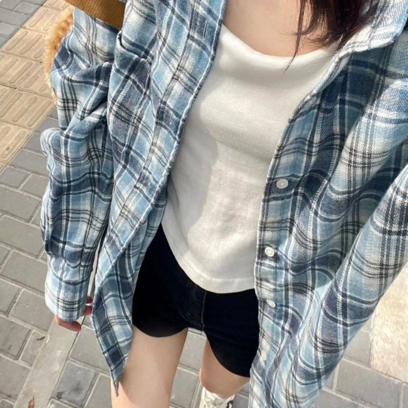 Fashionable Blue Plaid Shirt For Women