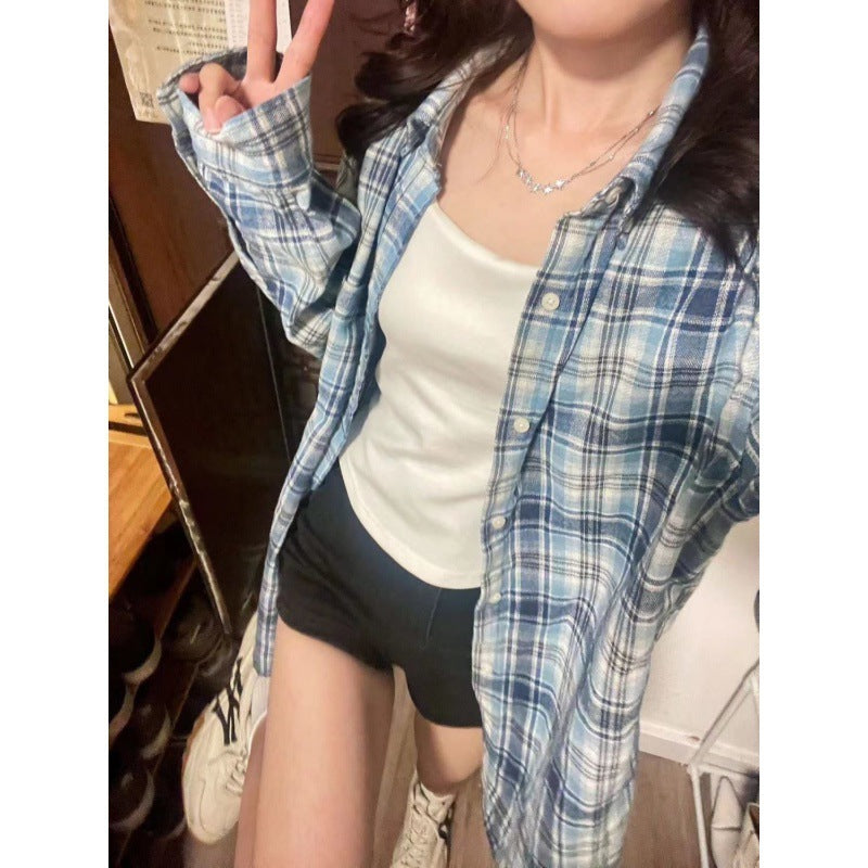 Fashionable Blue Plaid Shirt For Women