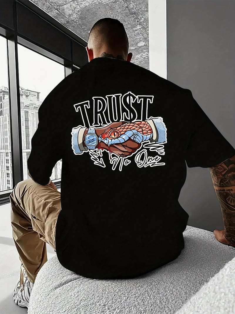 Trust No One Creative Printed Summer Casual T-shirt For Men With Short Sleeves, Sports And Leisure Style, Fashionable Round Neck Top For Daily Wear